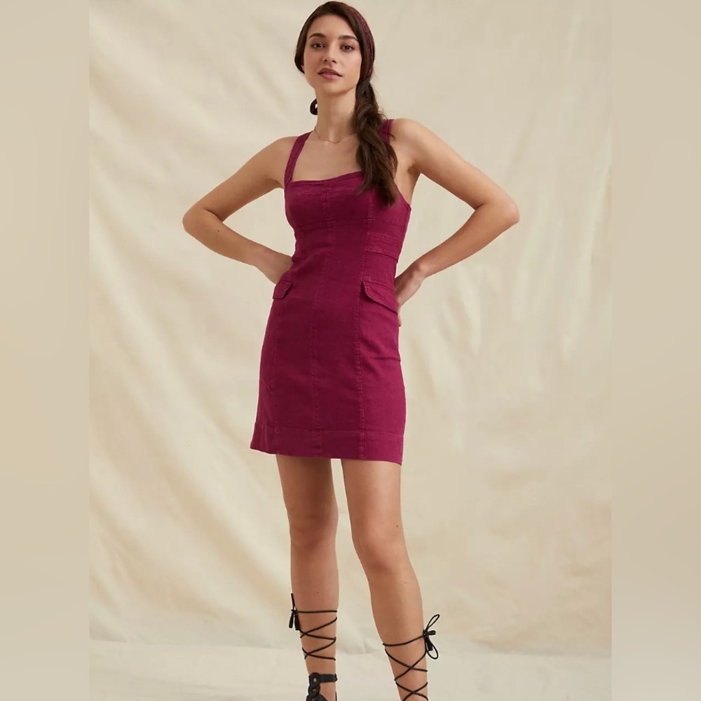 ANTHROPOLOGIE LINEN MAROON MINI DRESS